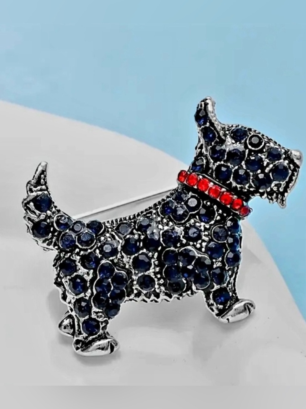 Scottish terrier navy blue rhinestone silver brooch